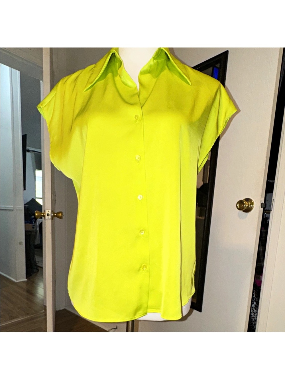 Rachel Neon Lime Cap-Sleeve Button-Down Blouse